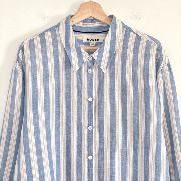 Boden Relaxed Linen Button Down Shirt Porcelain Blue Sparkle Stripe 14R - Picture 10 of 16